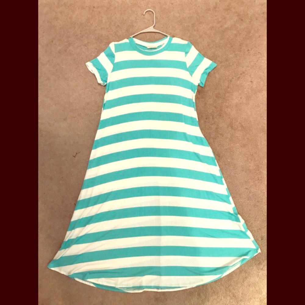 Teal/aqua and white stripe midi dress